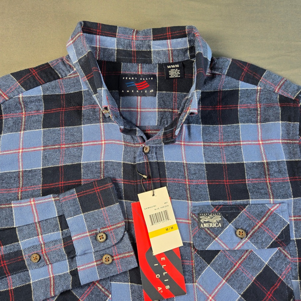 Perry Ellis America Men's Blue Horizon Plaid Flannel Shirt Medium NWT EHFW9007BC